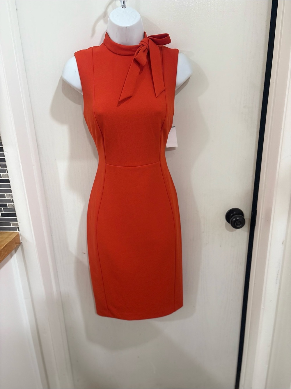 Calvin Klein Sleeveless Tie-Neck Sheath Dress in Vibrant Orange